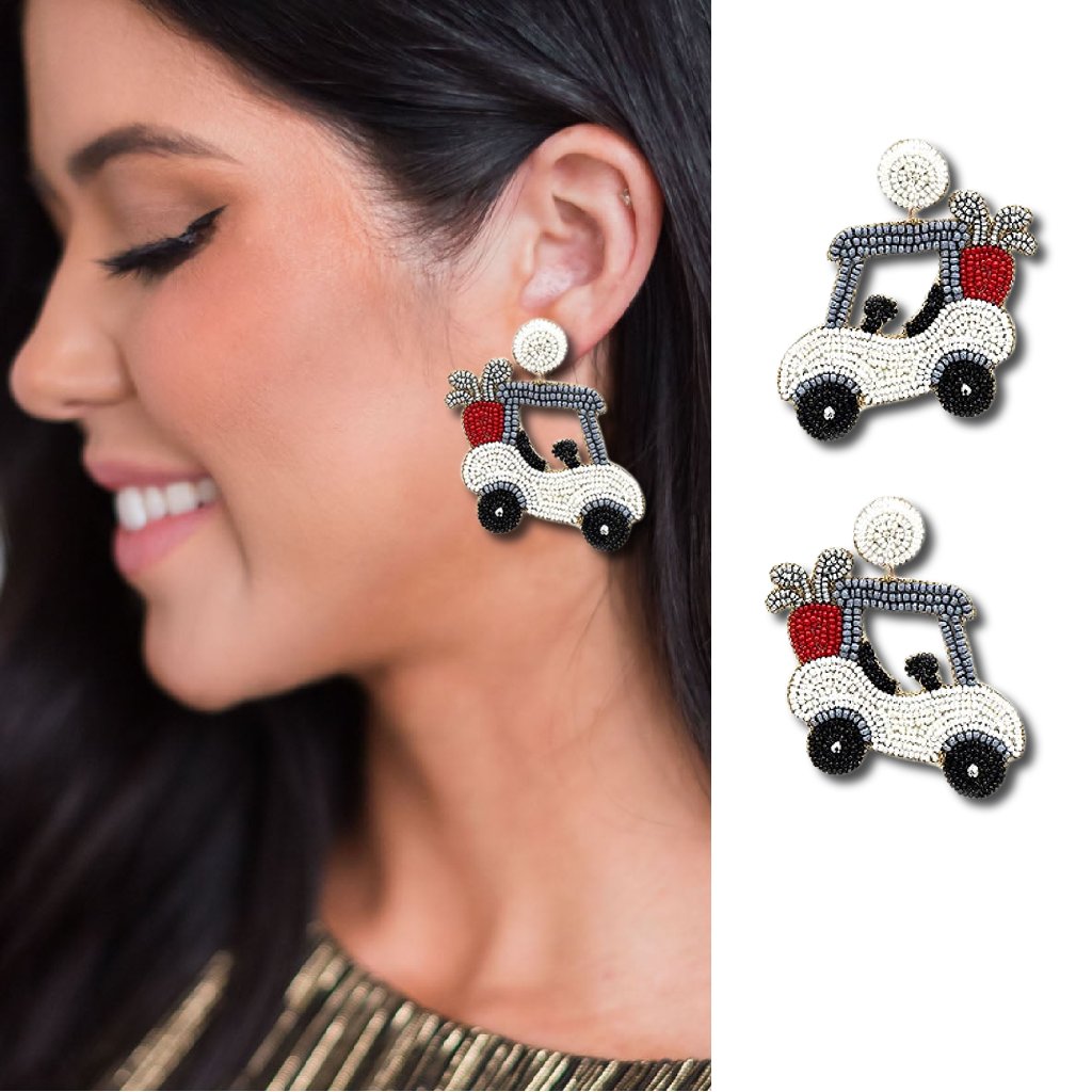 Golf Lovers Players White Cart Seed Beaded Statement Earrings Brand New